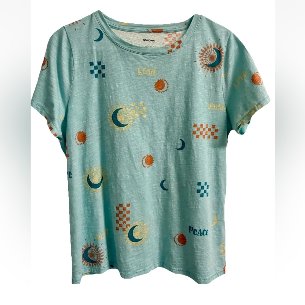 Sonoma Everyday Tee Celestial Moon & Stars Crew Neck Top Sz M Heather Blue